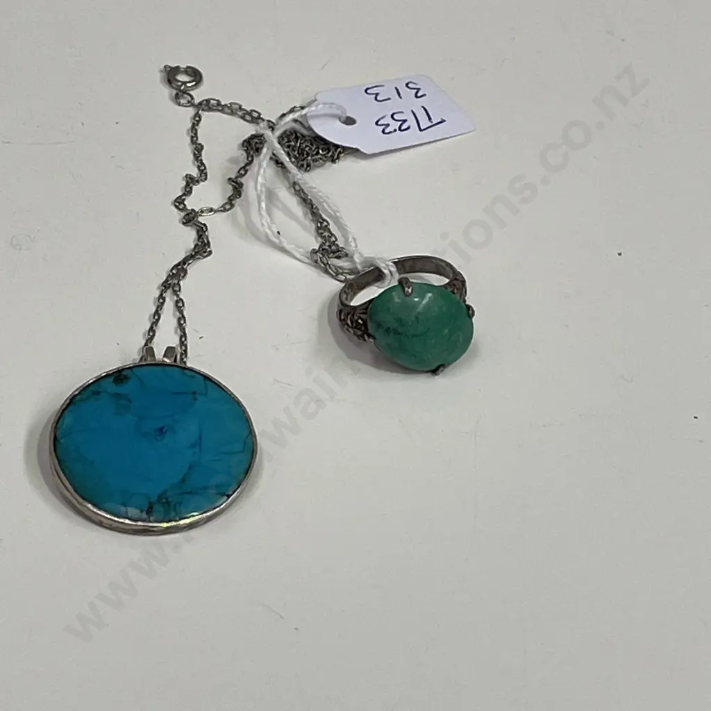 Sterling Silver Ring with Turquoise stone and Sterling Silver? Turquoise pendant Image 1++