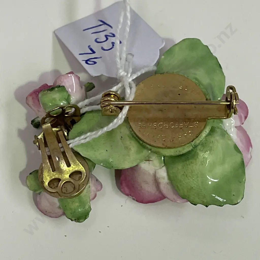 Staffordshire Porcelain Brooch and pair of earrings. Roses Image 1++