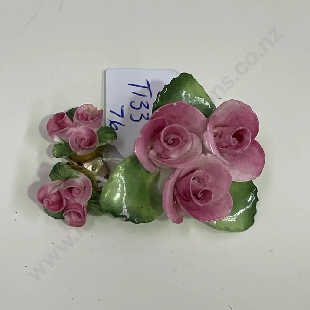 Staffordshire Porcelain Brooch and pair of earrings. Roses Image 1++