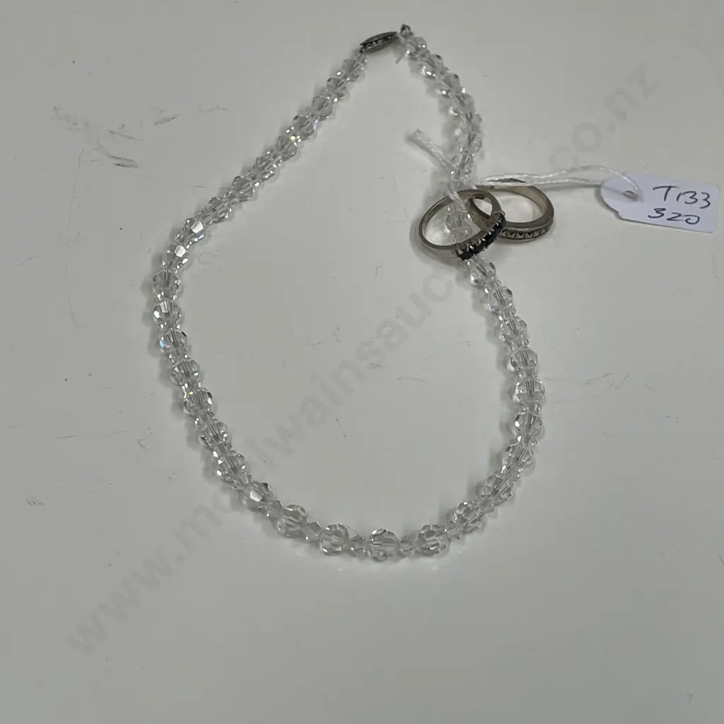 Two Sterling Silver Rings with Vintage Crystal? necklace Image 1++