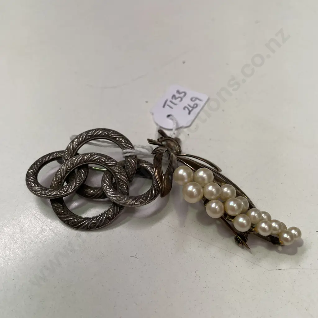 Two Vintage Brooches. Sterling gold plated pearl brooch and French Silver Brooch Image 1++