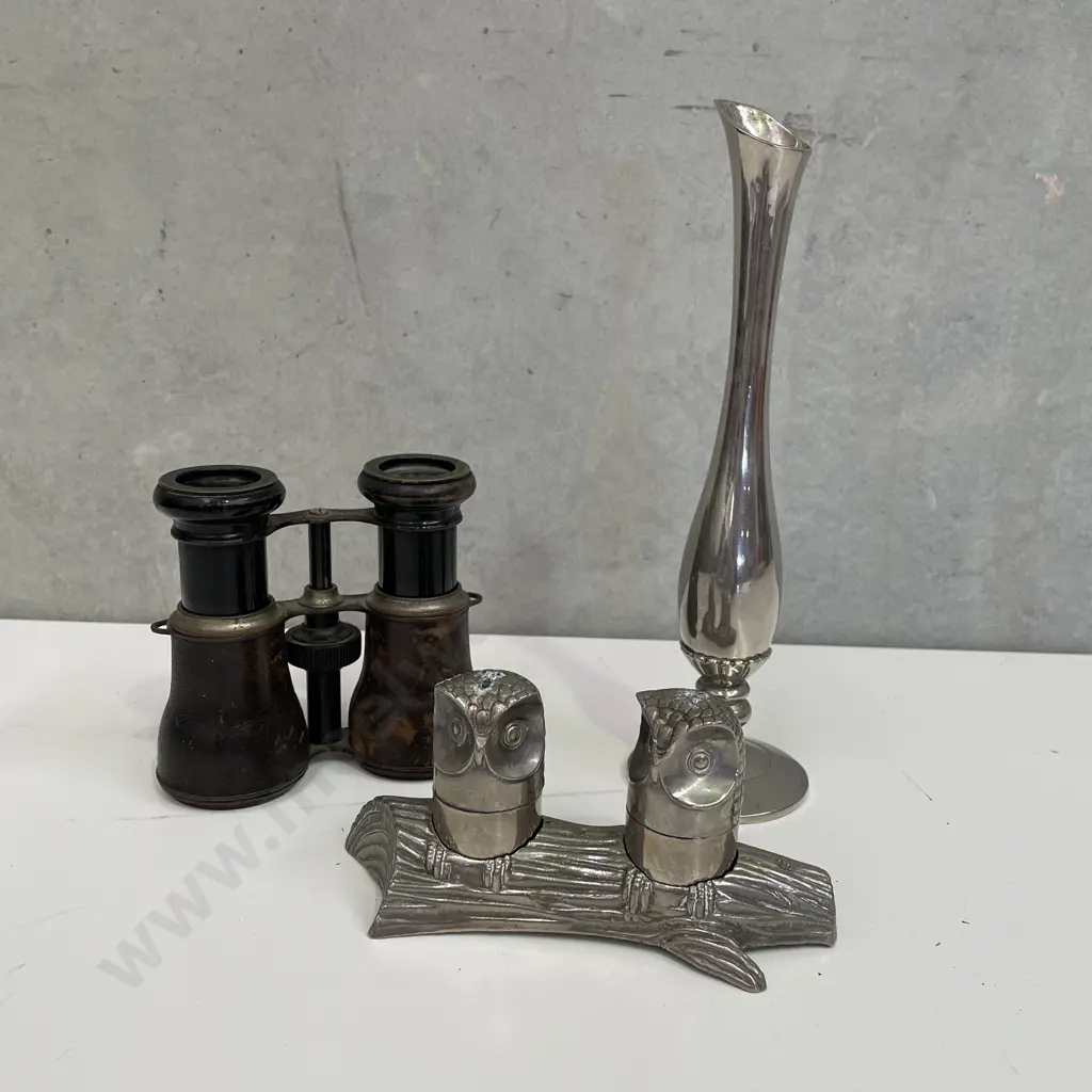 Collectable items including MH Owl Salt/Pepper, Antique London Binoculars and Silver Vase (spade stamp) Image 1++