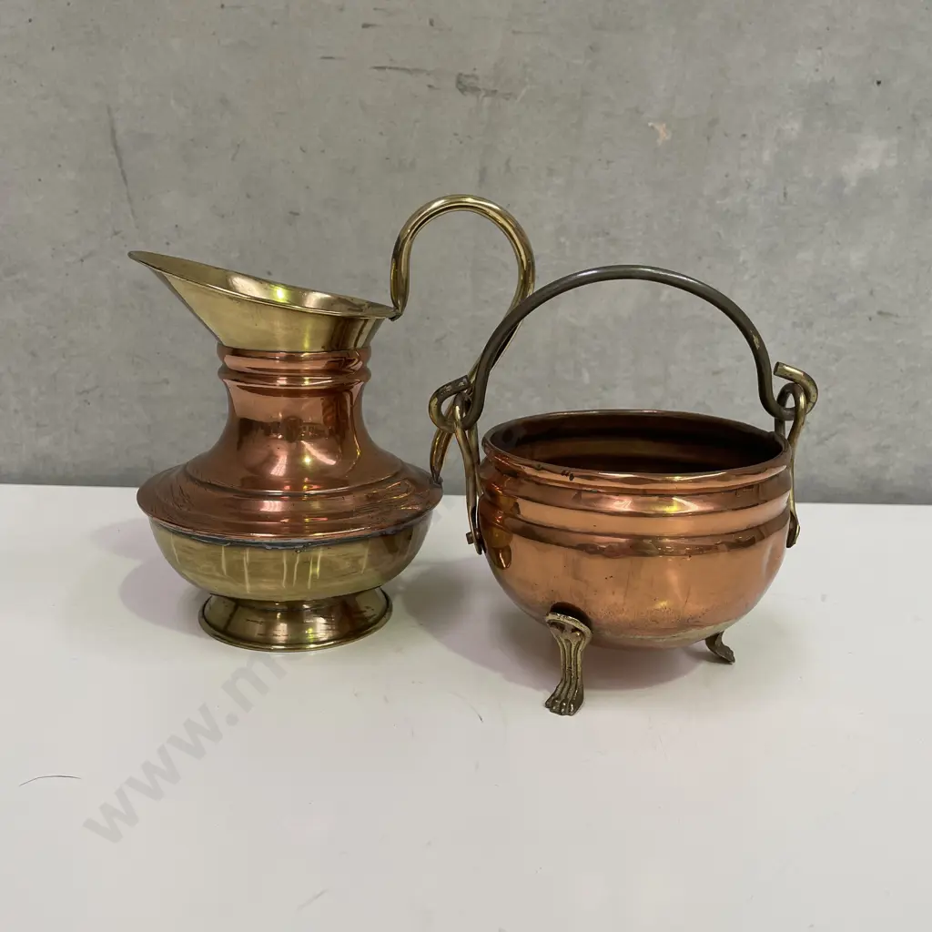 Vintage Copper/Brass Jug and Cauldron Image 1++