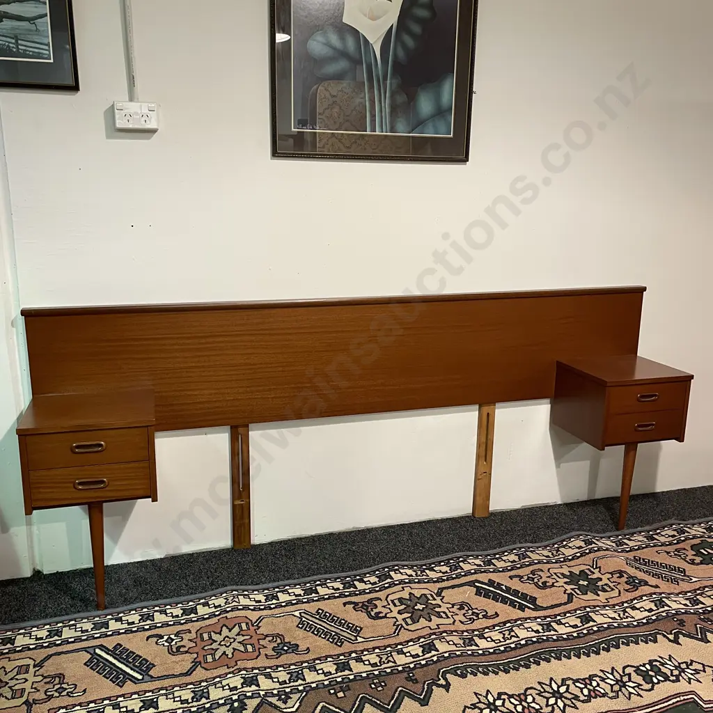 Mid Century Headboard with single leg, single drawer cabinets either side. W215cm H86cm Image 1++