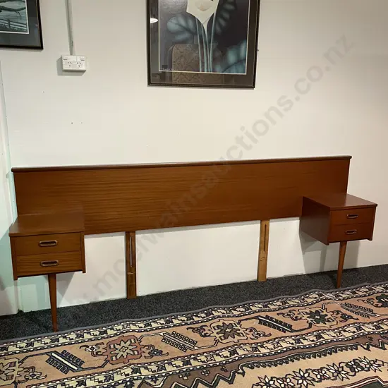 Mid Century Headboard with single leg, single drawer cabinets either side. W215cm H86cm