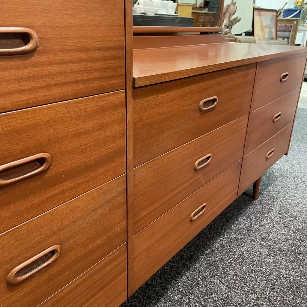 Mid Century 10 Drawer Dresser with Mirror. W159 D45 H52 to top of dresser. Height to top of mirror 122cm Image 1++