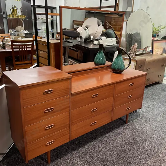 Mid Century 10 Drawer Dresser with Mirror. W159 D45 H52 to top of dresser. Height to top of mirror 122cm