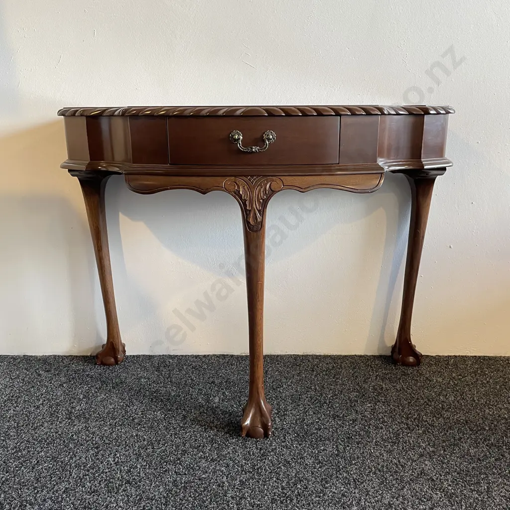 Antique 1/2 Round Hall Table. Rope carved border detail with carved legs. Ball claw feet. H73 W90 D42 Image 1++