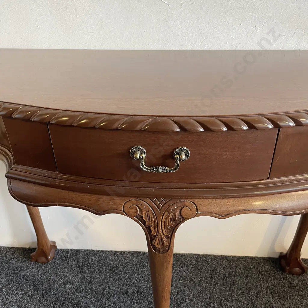 Antique 1/2 Round Hall Table. Rope carved border detail with carved legs. Ball claw feet. H73 W90 D42 Image 1++