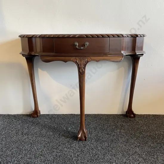 Antique 1/2 Round Hall Table. Rope carved border detail with carved legs. Ball claw feet. H73 W90 D42