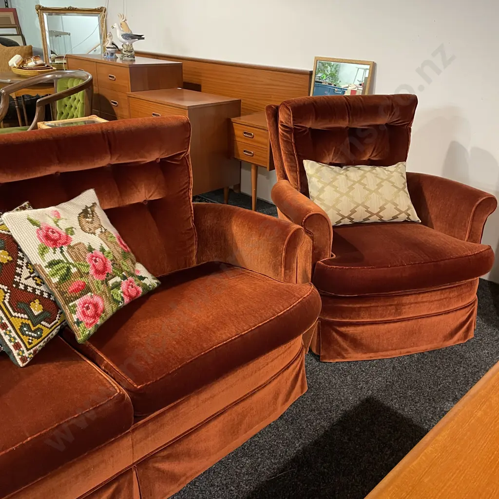 Vintage Retro 3 Piece Lounge Suite. 2 seater and two armchairs. Village Upholstery Burnt Rust Velvet fabric. Button back Image 1++