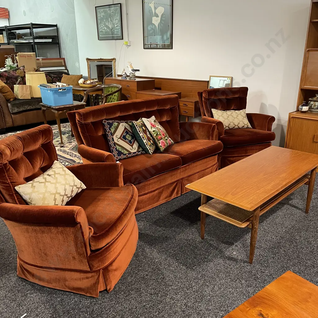Vintage Retro 3 Piece Lounge Suite. 2 seater and two armchairs. Village Upholstery Burnt Rust Velvet fabric. Button back Image 1++