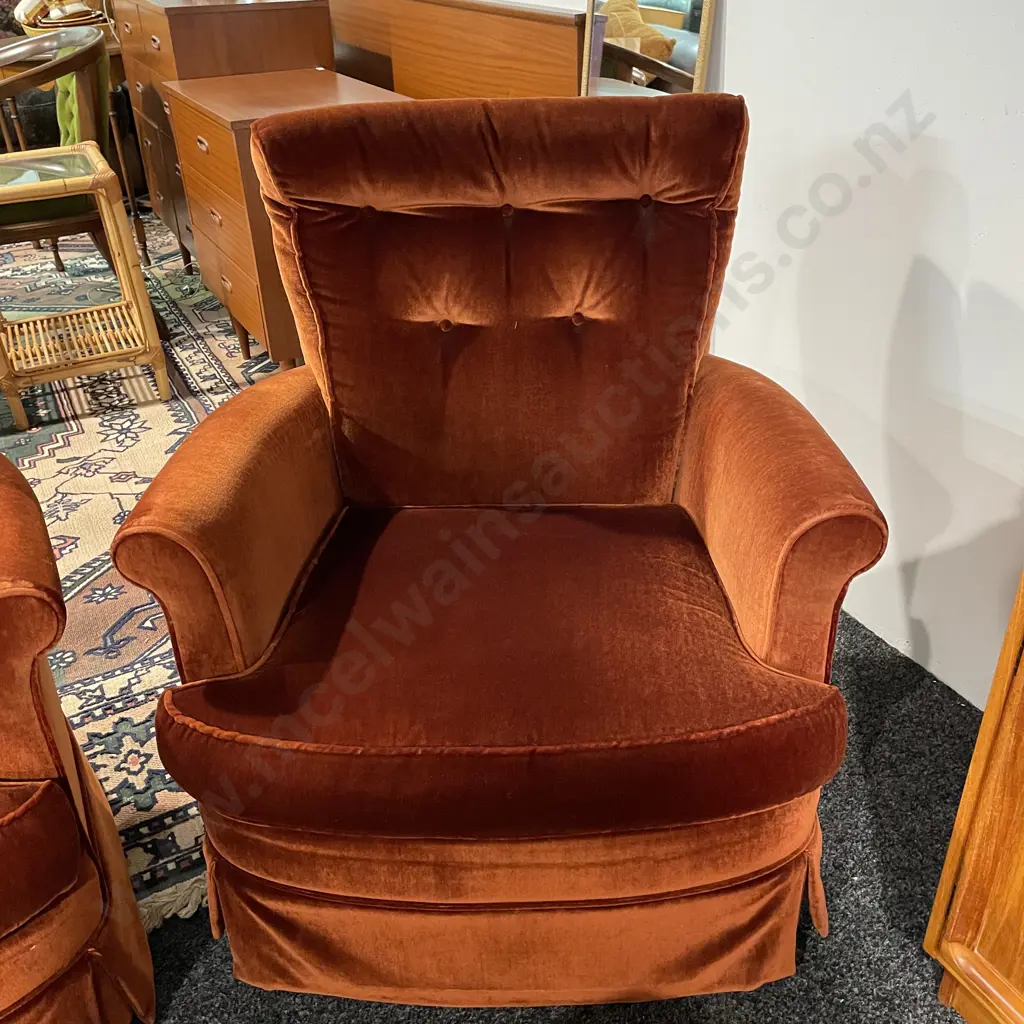 Vintage Retro 3 Piece Lounge Suite. 2 seater and two armchairs. Village Upholstery Burnt Rust Velvet fabric. Button back Image 1++
