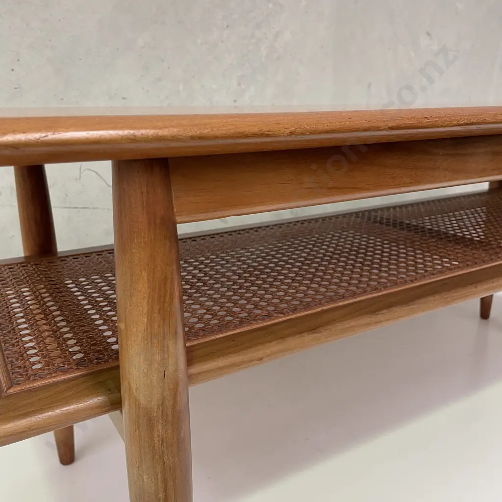 Vintage Mid Century Parker Teak Coffee Table With Rattan Magazine Shelf. Top 125 x 49cm, H48cm Image 1++