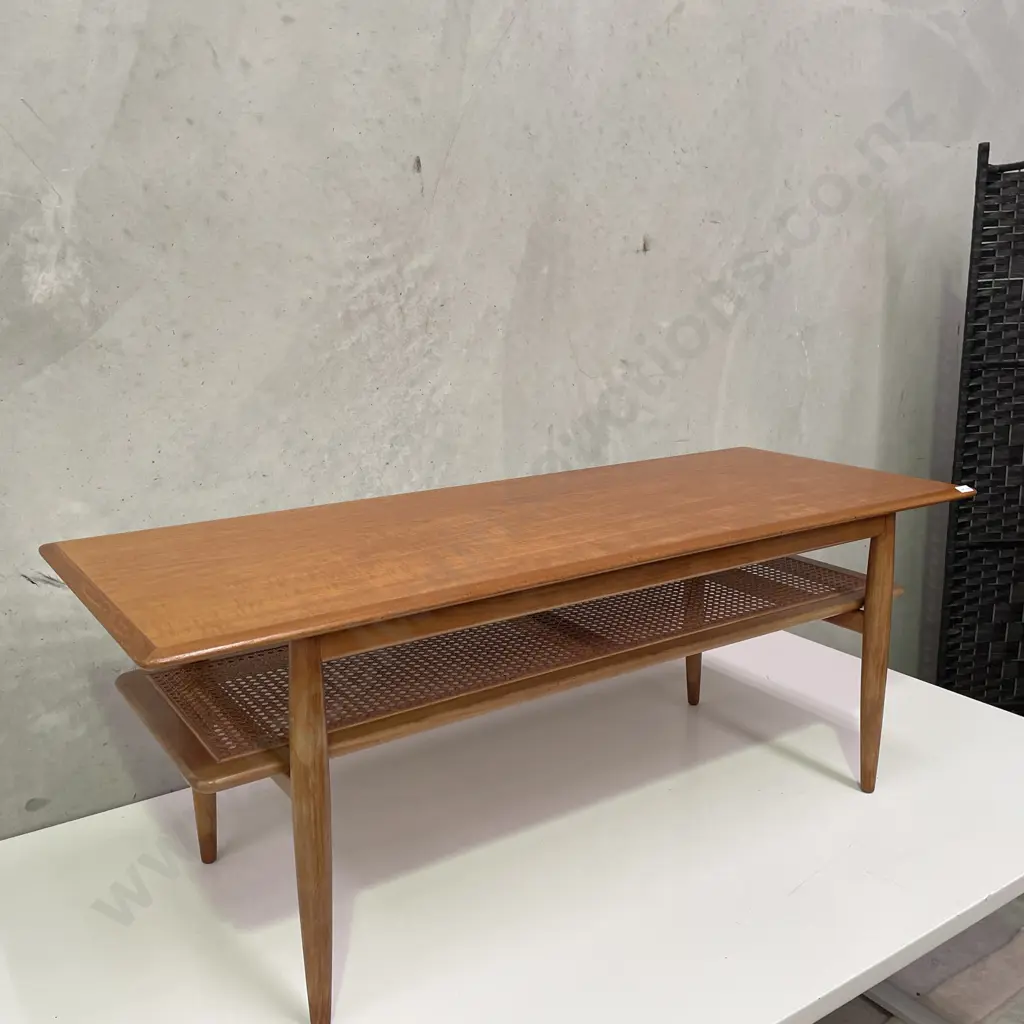 Vintage Mid Century Parker Teak Coffee Table With Rattan Magazine Shelf. Top 125 x 49cm, H48cm Image 1++