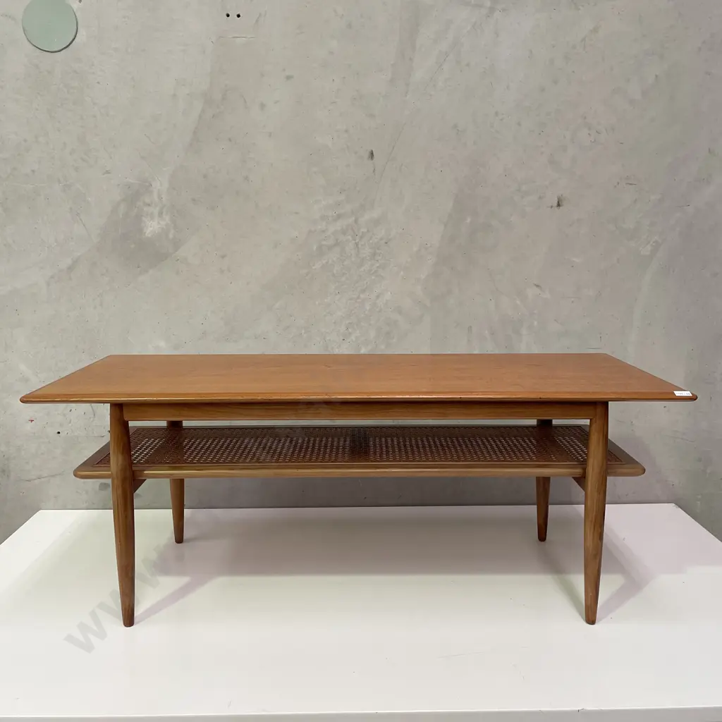 Vintage Mid Century Parker Teak Coffee Table With Rattan Magazine Shelf. Top 125 x 49cm, H48cm Image 1++