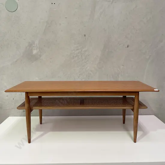 Vintage Mid Century Parker Teak Coffee Table With Rattan Magazine Shelf. Top 125 x 49cm, H48cm
