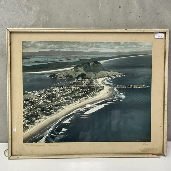 Whites Aviation Hand Coloured Photograph. Mt Maunganui Tauranga, Frame af. 46 x 37cm