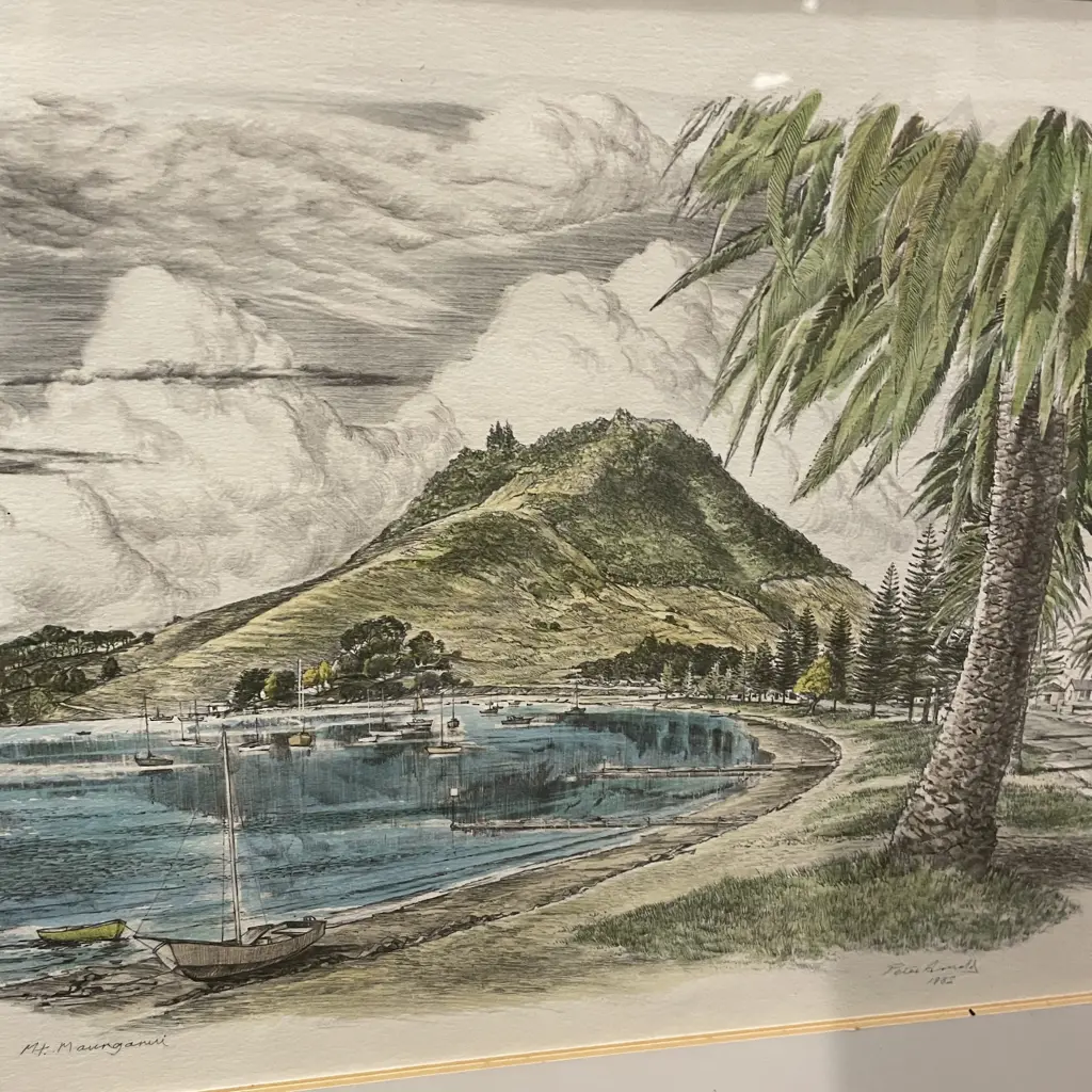 Wooden Framed Signed Peter Arnold Artwork, Dated 1982 Titled "Mt Maunganui". 57 x 66 incl Frame Image 1++