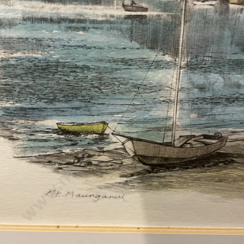 Wooden Framed Signed Peter Arnold Artwork, Dated 1982 Titled "Mt Maunganui". 57 x 66 incl Frame Image 1++