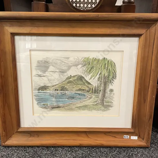 Wooden Framed Signed Peter Arnold Artwork, Dated 1982 Titled "Mt Maunganui". 57 x 66 incl Frame