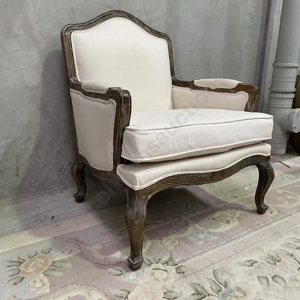 Antique French Style Large Wide Armchair with Cream Fabric Seat and Cushioned back. W80 x H90 x D70cm, Image 1++