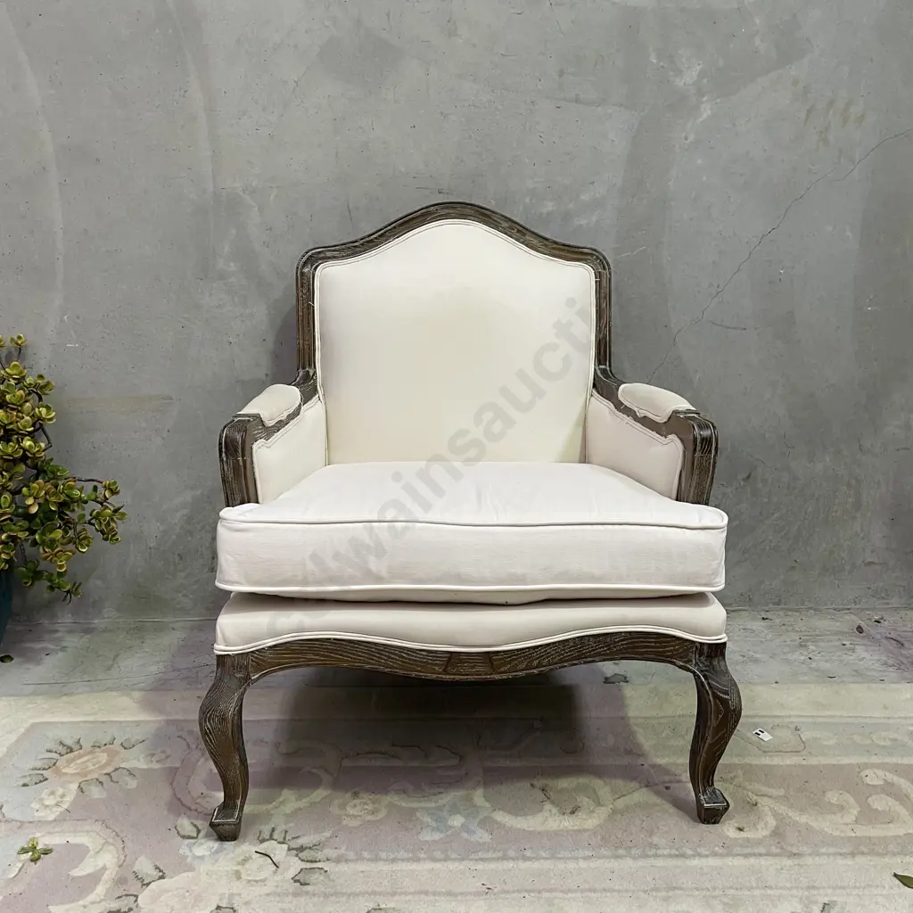 Antique French Style Large Wide Armchair with Cream Fabric Seat and Cushioned back. W80 x H90 x D70cm, Image 1++
