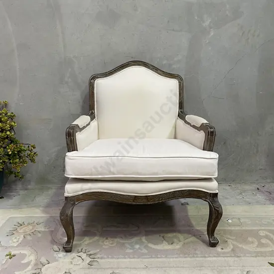Antique French Style Large Wide Armchair with Cream Fabric Seat and Cushioned back. W80 x H90 x D70cm,