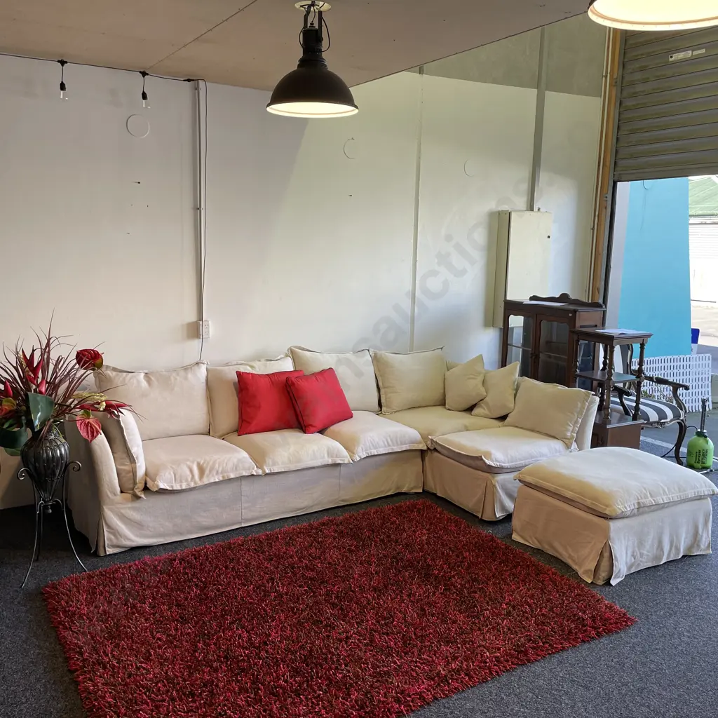 2 Piece Corner Suite, with Heavy Duty Calico Oatmeal/Cream Fabric on Heavy Duty Cushion. Comes with Matching Ottoman. Image 1++