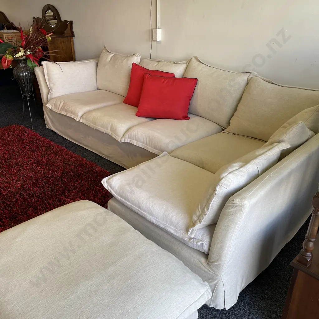 2 Piece Corner Suite, with Heavy Duty Calico Oatmeal/Cream Fabric on Heavy Duty Cushion. Comes with Matching Ottoman. Image 1++