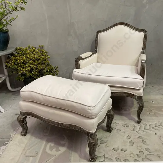 Antique Style Large Wide Armchair with Cream Fabric Seat and Cushioned back. Comes with matching Footstool/Ottoman