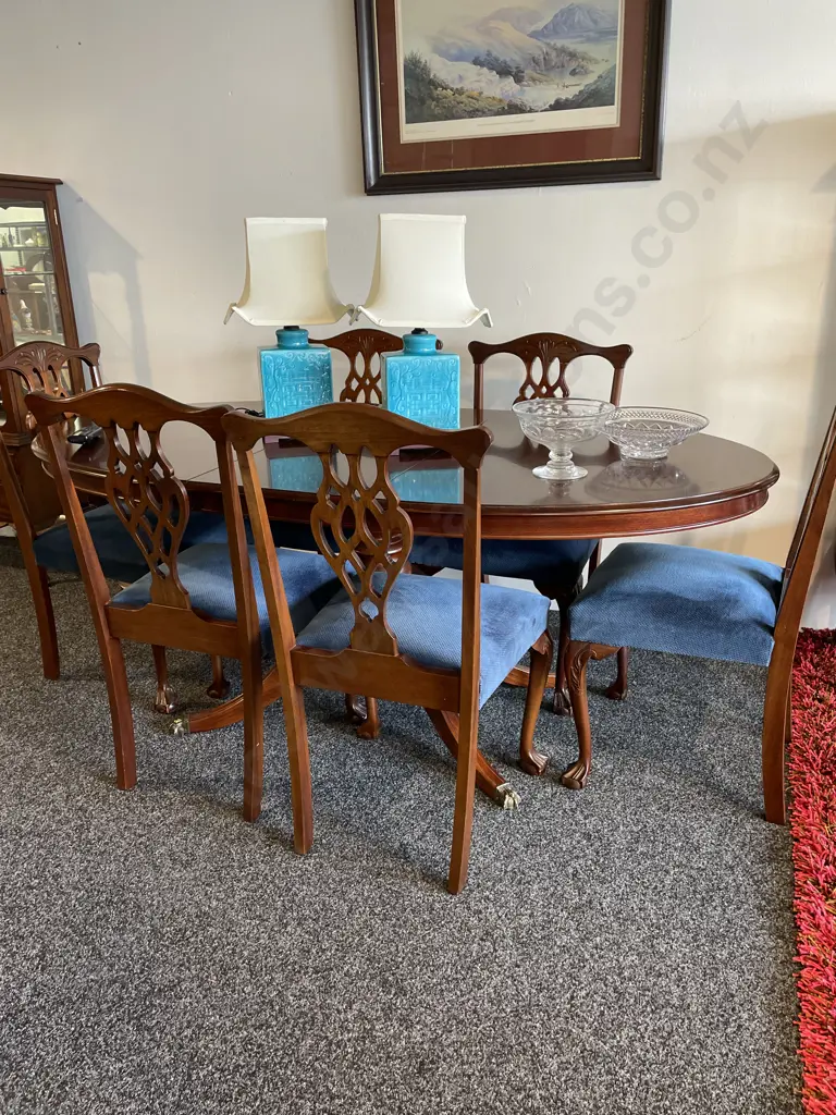 Stunning Antique 7 Piece Dining Suite with extension. Plush teal blue upholstery Image 1++