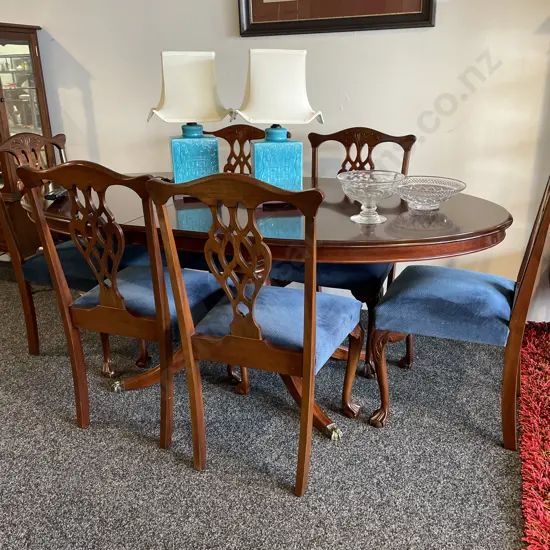 Stunning Antique 7 Piece Dining Suite with extension. Plush teal blue upholstery