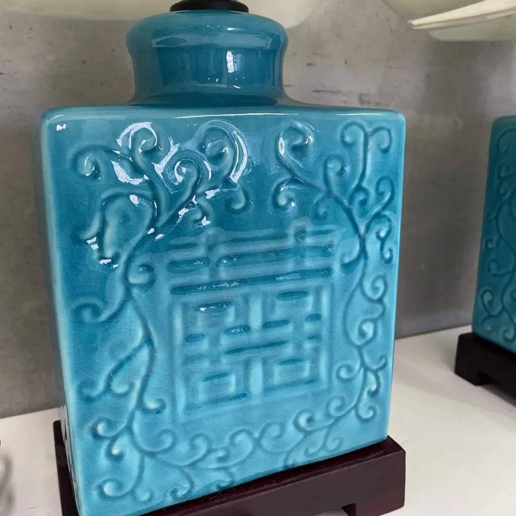 Pair of Stunning Ceramic Table Lamps. Teal incised pattern with cream fabric shades. Excellent working condition. H50cm Image 1++