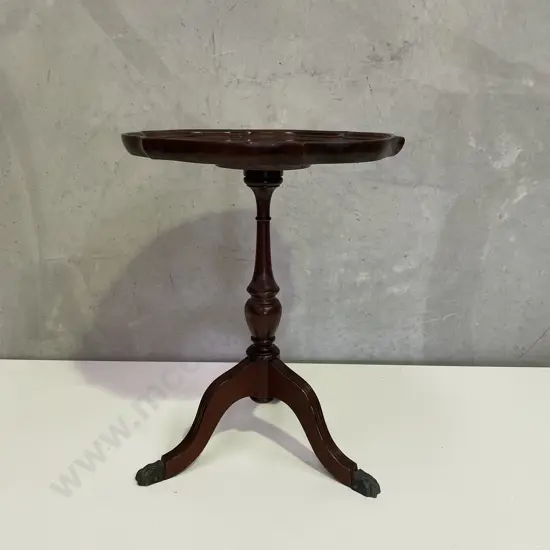 Vintage Tri-footed Mahogany Wine Table with brass feet. H54