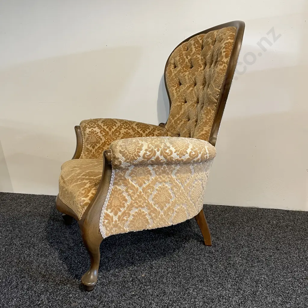 Antique Solid Mahogany? Grandmothers Armchair. Button back. Gold patterned plush fabric Image 1++