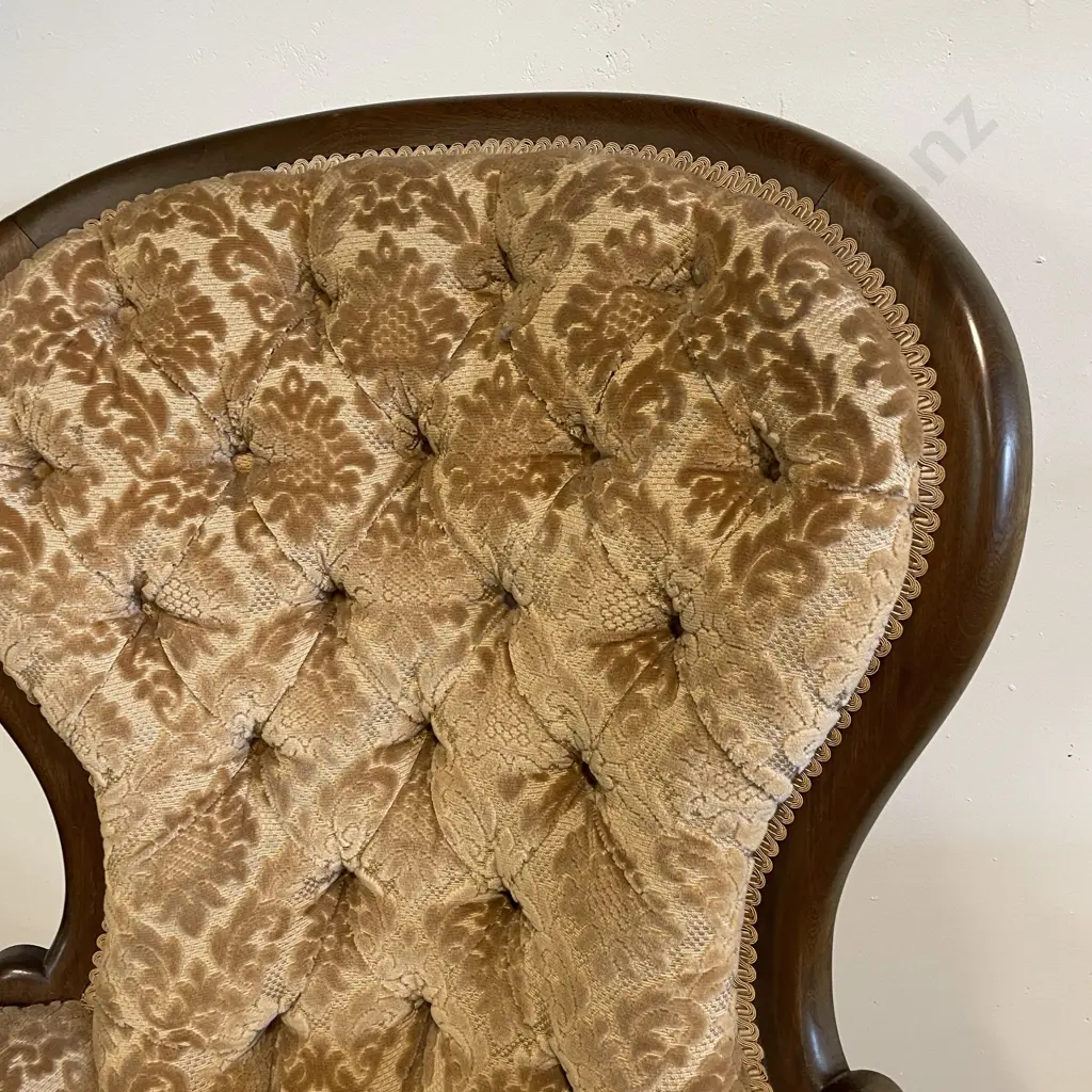 Antique Solid Mahogany? Grandmothers Armchair. Button back. Gold patterned plush fabric Image 1++