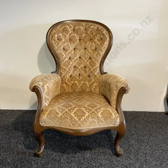 Antique Solid Mahogany? Grandmothers Armchair. Button back. Gold patterned plush fabric