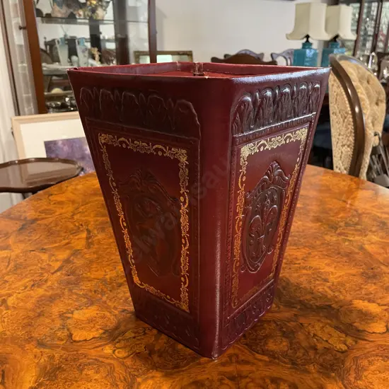 Italian Hand Tooled Leather Folding Waste Paper Basket