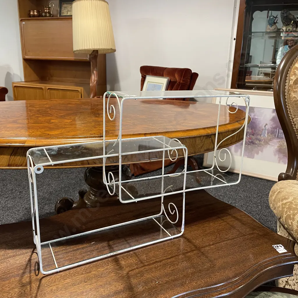 Vintage Retro Wall Hung Shelf Unit. White painted ornate metal frame with glass shelves Image 1++