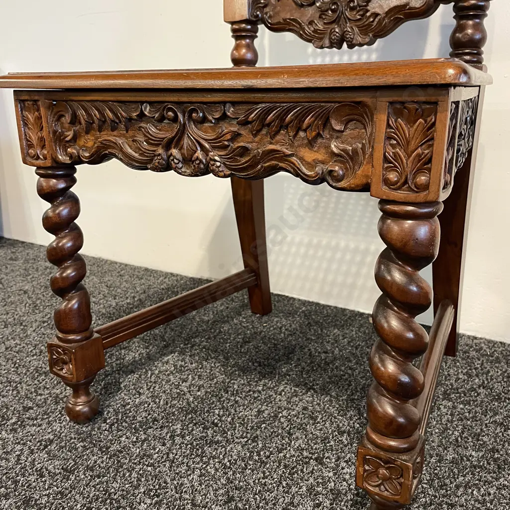Antique Cane Filled High Back Chair. Rope legs and top with ornately carved detail. H112cm Image 1++