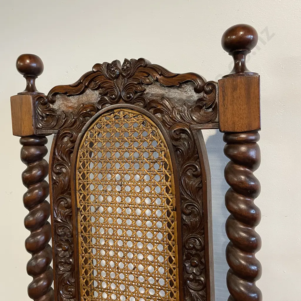Antique Cane Filled High Back Chair. Rope legs and top with ornately carved detail. H112cm Image 1++