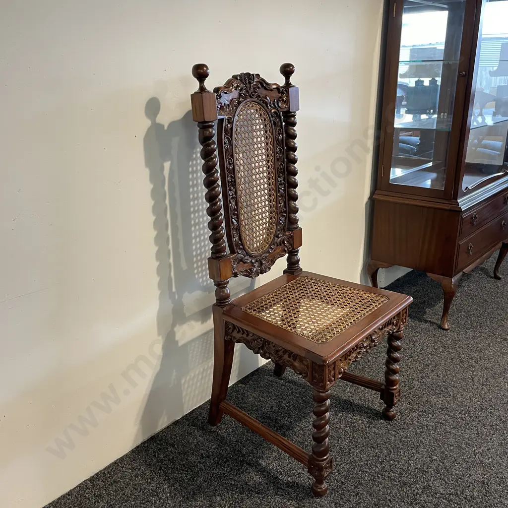 Antique Cane Filled High Back Chair. Rope legs and top with ornately carved detail. H112cm Image 1++