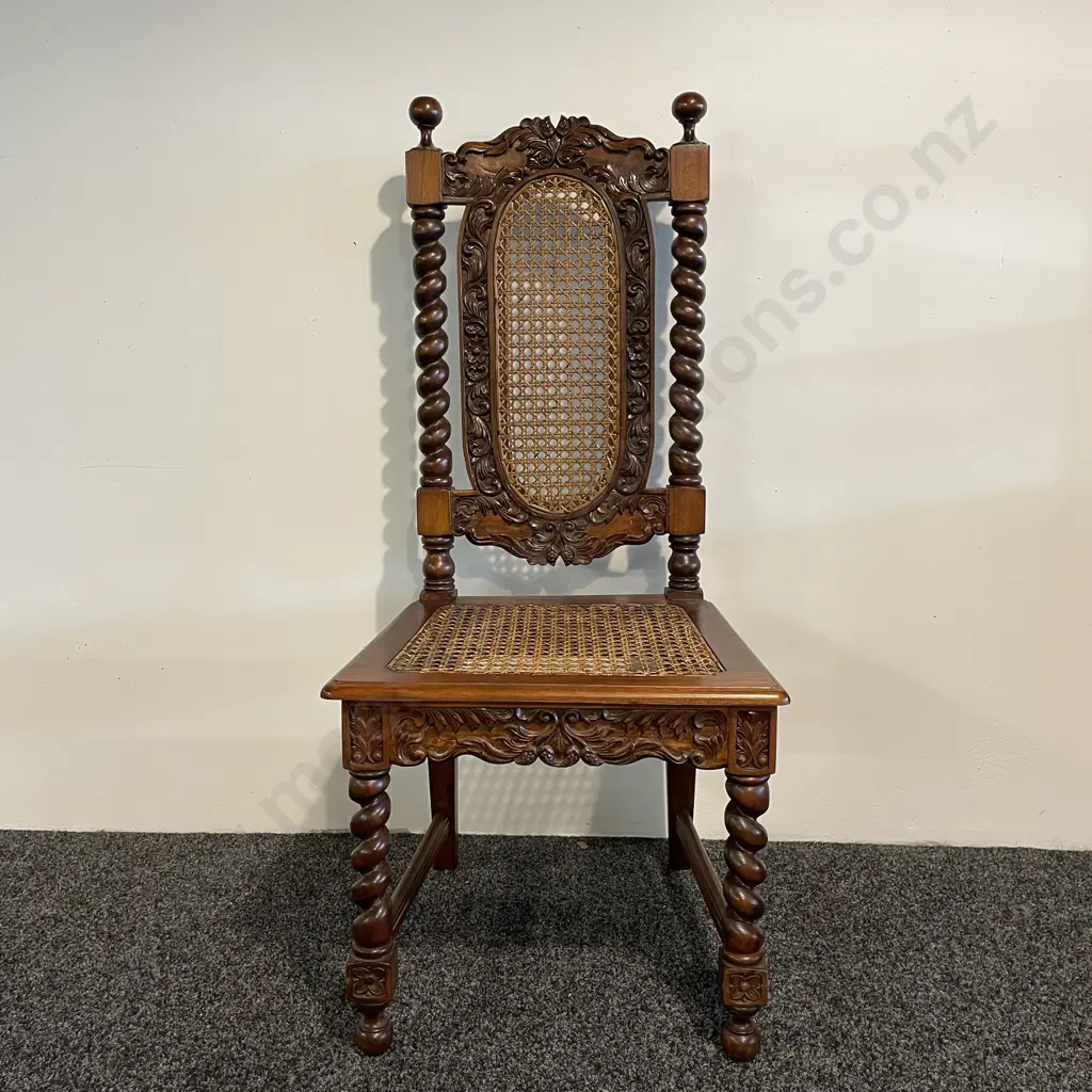 Antique Cane Filled High Back Chair. Rope legs and top with ornately carved detail. H112cm Image 1++
