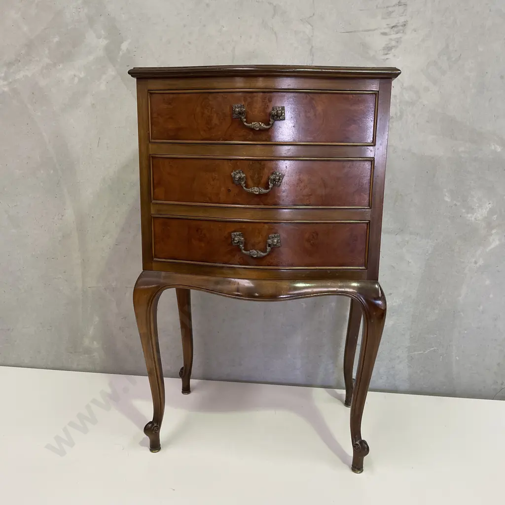 Antique French Louis Style Burr Walnut 3 drawer Bedside Unit. H74 W47 D35cm Image 1++