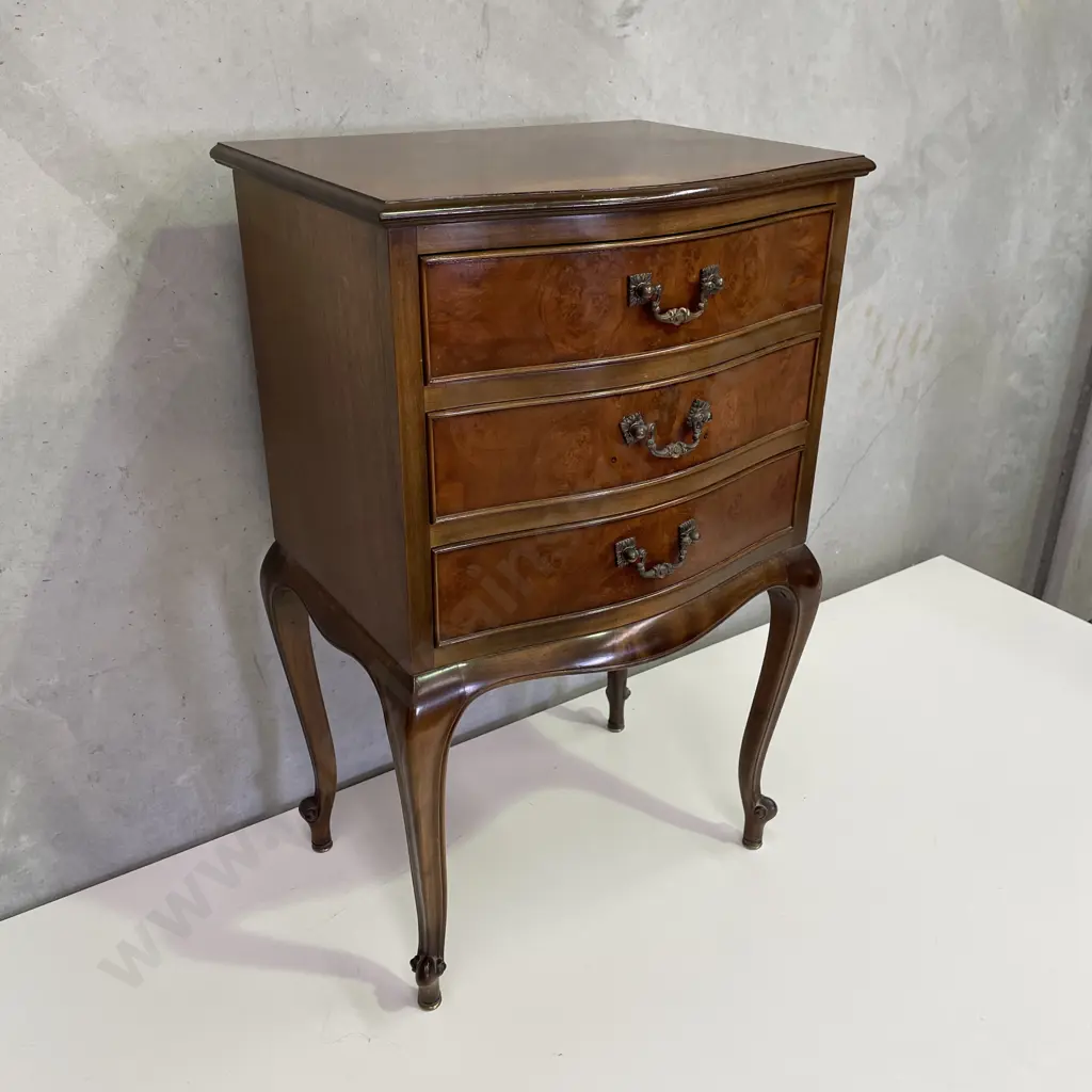 Antique French Louis Style Burr Walnut 3 drawer Bedside Unit. H74 W47 D35cm Image 1++