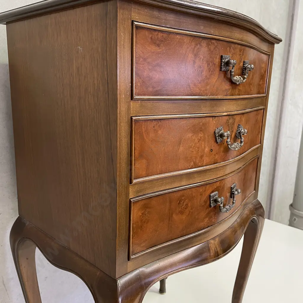 Antique French Louis Style Burr Walnut 3 drawer Bedside Unit. H74 W47 D35cm Image 1++