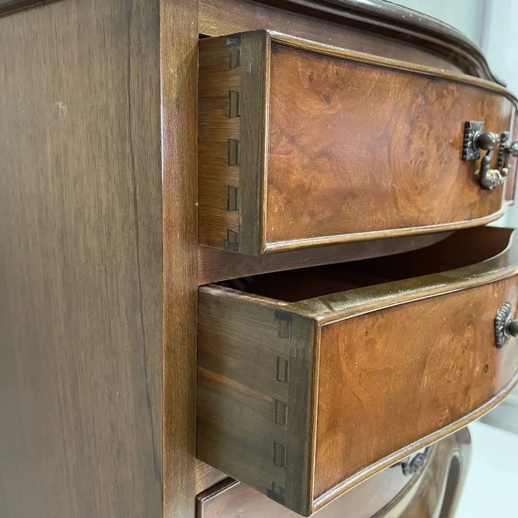 Antique French Louis Style Burr Walnut 3 drawer Bedside Unit. H74 W47 D35cm Image 1++