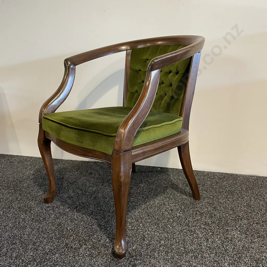 Antique Solid Mahogany Tub Armchair with Moss Green plush fabric. Button Back. Image 1++