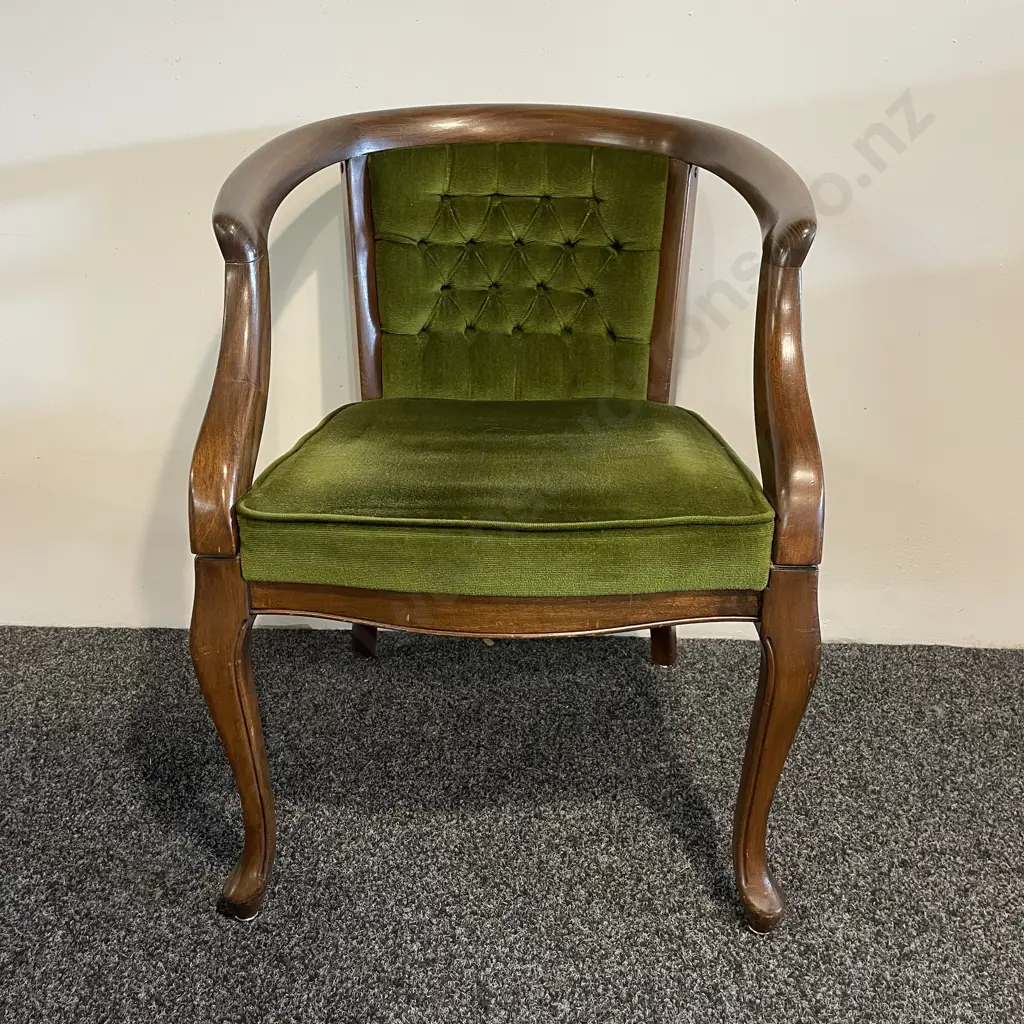 Antique Solid Mahogany Tub Armchair with Moss Green plush fabric. Button Back. Image 1++